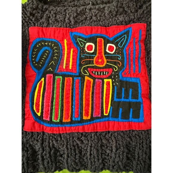 Vintage Handmade Mola Cat Patch Chunky Knit Sweater Black Toddler Kids Artisan - Picture 2 of 8